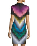 Short-Sleeve V-Neck Sheath Dress, Black/Multi