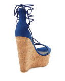 Wrap It Suede Lace-Up Wedge Sandal, Sapphire