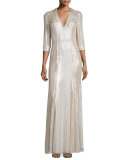 Long-Sleeve V-Neck Sequin Gown, Lunar 