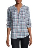 Aleta Plaid Collarless Shirt, Blue