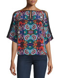Silk Half-Sleeve Floral-Print Top, Red/Multi