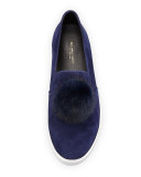 Eddy Mink Fur-Pompom Sneaker, Sapphire