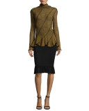 Lace-Print Ruffled Peplum Top, Gold
