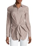 Long-Sleeve Striped Tie-Front Top, Ecru/Brown