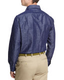 Tonal Paisley-Print Chambray Sport Shirt, Blue