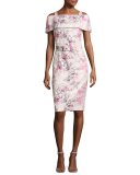 Cold-Shoulder Belted Floral Cocktail Dress, Pink/Multicolor