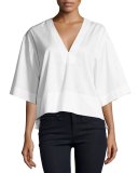 Boxy V-Neck Lace-Back Top, White