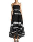Strapless Lace-Trim High-Low Tulle Gown, Black/White