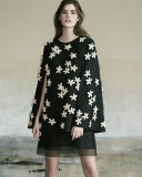 3D Floral-Embellished Cape, Black