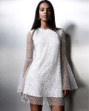 Long-Sleeve Netted Cocktail Dress, White