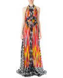 Ikat-Print Georgette Halter Dress, Red