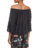 Sheer Embroidered Gauze-Knit Top, Black