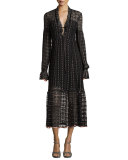 Long-Sleeve Embroidered Tie-Front Midi Dress, Black/Pearl