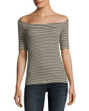 Striped Off-the-Shoulder Top, Black/Ivory