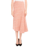 Tweed Side-Drape Midi Skirt, Orange/White