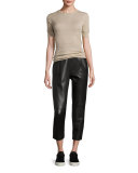 Leather Single-Pleat Cropped Pants, Black