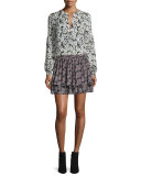 Tiered Floral Silk Skirt, Black/Multicolor