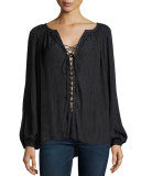 Patricia Snakeskin-Jacquard Lace-Up Top, Black