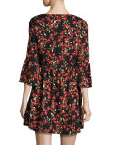 Alita Floral Bell-Sleeve Mini Dress, Black