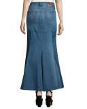 Five-Pocket Denim Godet Maxi Skirt, Washed Indigo