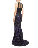 Halter-Neck Two-Tone Organza Gown, Violet/Black