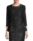 Sequined 3/4-Sleeve Peplum Jacket, Caviar