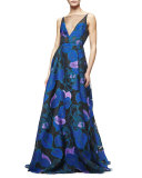 Sleeveless Leaf-Print Fil Coupe Gown, Lapis/Multi
