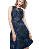 Sleeveless Beaded Floral Jacquard Dress, Navy