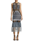 Sleeveless Mesh-Inset Midi Dress, Black/White