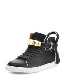 Women's 100mm Belted Leather High-Top Sneaker, Black/White