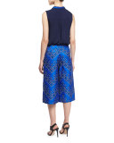 Britni Sleeveless Silk Top w/ Chevron Dots Trim, Midnight
