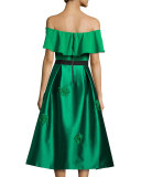 Off-the-Shoulder Crepe Popover Top, Emerald