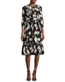 3/4-sleeve smocked silk posy dress, black