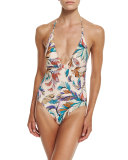 Jungle-Print Halter One-Piece Swimsuit