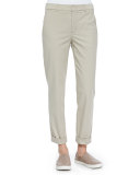 Rolled-Cuff Boyfriend Trousers, Light Khaki