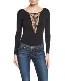 Lace-Inset Long-Sleeve Bodysuit, Black