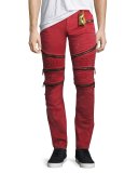 Distressed Zipper Moto Jeans, Red