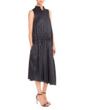 Pinstriped Sleeveless Gathered-Waist Midi Dress, Navy
