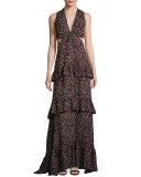 Brie Tiered Floral Silk Maxi Dress, Black/Multicolor