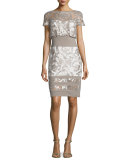 Short-Sleeve Sequined Lace Dress, Sand/Ivory  