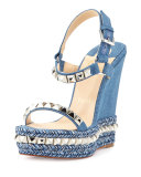 Cataclou Denim 140mm Wedge Red Sole Sandal, Blue/Silver