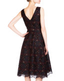 Mara Sleeveless Floral-Embroidered Dress, Black/Burgundy