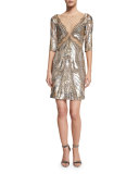 Half-Sleeve Embellished Sheath Dress, Dawn Gold