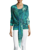 3/4-Sleeve Mosaic-Print Tie-Front Cardigan, Turquoise