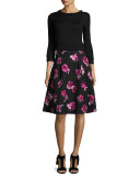 floral stretch crepe a-line skirt, black