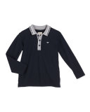 Long-Sleeve Stretch Pique Polo Shirt, Navy, Size 4-12