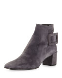 Polly Suede Side-Buckle Ankle Boot, Dark Gray