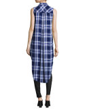 Jordyn Plaid Sleeveless High-Low Tunic, Midnight Cobalt