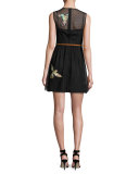 Sleeveless Point d'Esprit Dress w/ Embroidered Hummingbirds, Nero