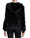 Faux-Fur Hooded Zip-Front Bomber Jacket, Black